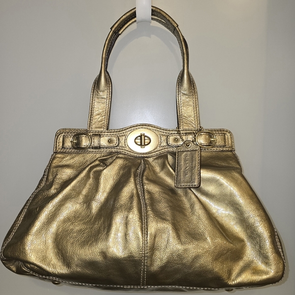 Coach Handbags - COACH 13926 Gold Metallic Patent Leather Satchel Bell Shaped Purse Handbag